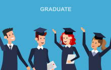 Graphic cartoon of 4 celebrating Graduates