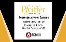 Graphic of the Pfeiffer and RichmondCC Logos, with information for representative visit on Feb. 19 on the Hamlet Campus at the Cafe.