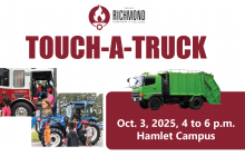 Touch-a-Truck Graphic featuring the richmondcc logo and a green garbage truck.