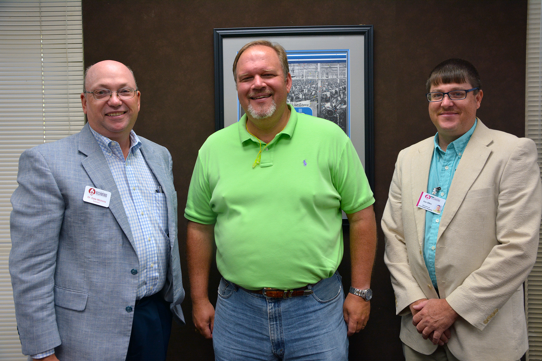 Richmond Community College will be providing customized training for ITG to help improve efficiency in its production lines. Pictured are Dr. Dale McInnis, RichmondCC president; Ed Cox, ITG plant manager; and Lee Eller, director of Customized Training. 