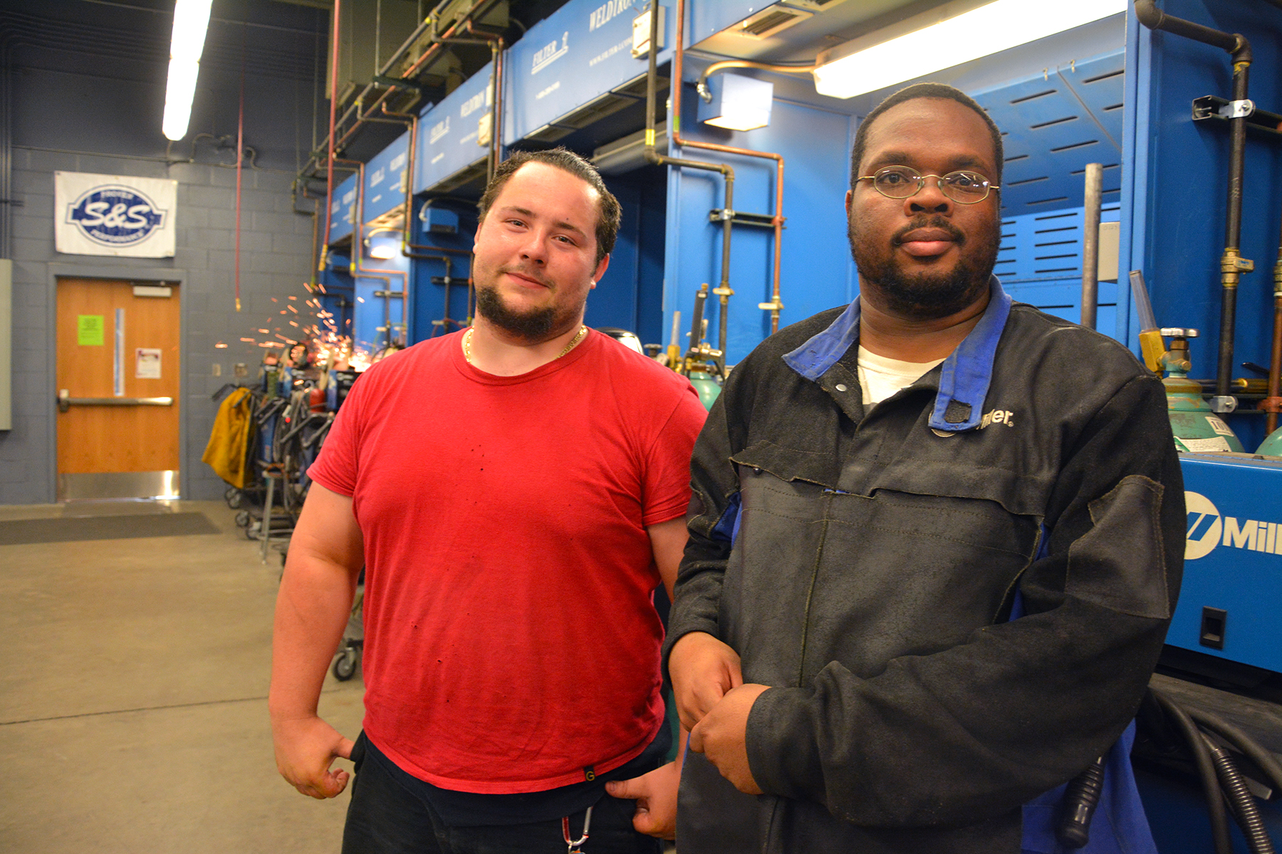 Pictured are Richmond Community College welding students Chance Askew, left, and James McDonald, who competed in the American Welding Society’s annual regional welding competition.